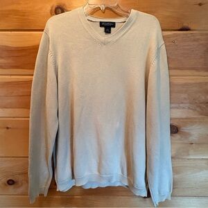 Brooks Brothers Cream V-Neck Sweater with Long Sleeves and Ribbed Knit